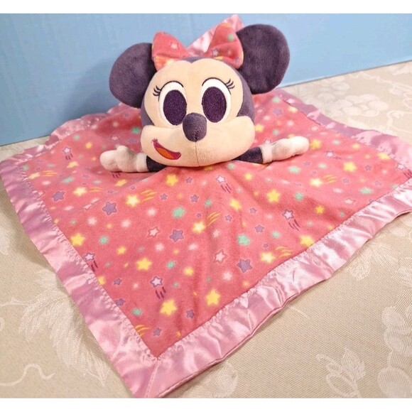 Disney Minnie Mouse Baby Blanket Lovey Rattle Pink Satin Shooting Stars Toy - Picture 3 of 8